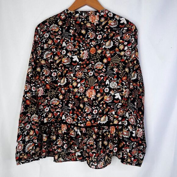 ANA Bold Black Maximal Floral Tie Neck Long Sleeve Peasant Boho Blouse Size PL - Picture 5 of 11